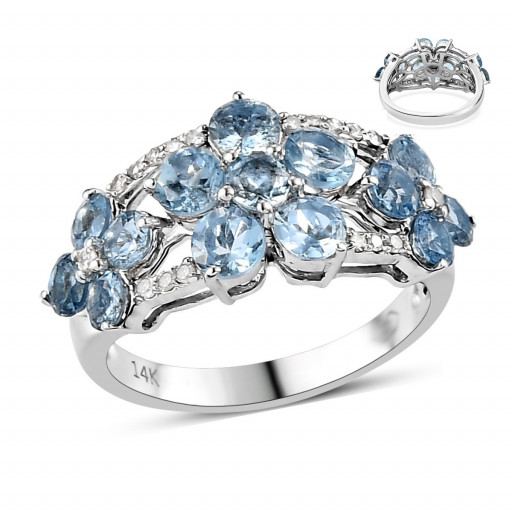Tiffany Inspired Floral Aquamarine & Diamond Ring in 14K White Gold