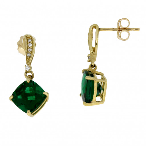 Prada Inspired Emerald & Diamond Drop Earrings in 10K Yellow Gold