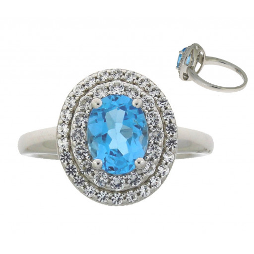 Cartier Inspired Blue Topaz & White Sapphire Double Halo Ring in Italian Sterling