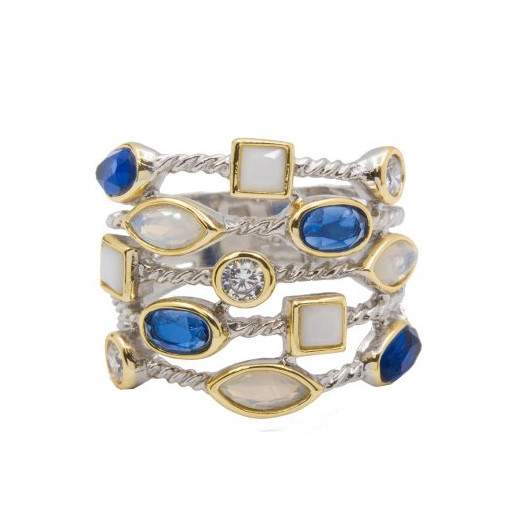 David Yurman Inspired Multi Shape & Multi Row Blue Sapphire & Opal Gemstone Ring in Two Tone Italian Sterling Silver