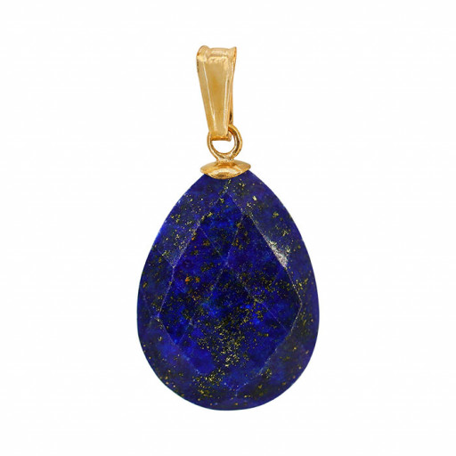 Checkerboard Cut Pear Shape Lapis Lazuli Solitaire Pendant In 14K Yellow Gold Plated Italian Sterling Silver