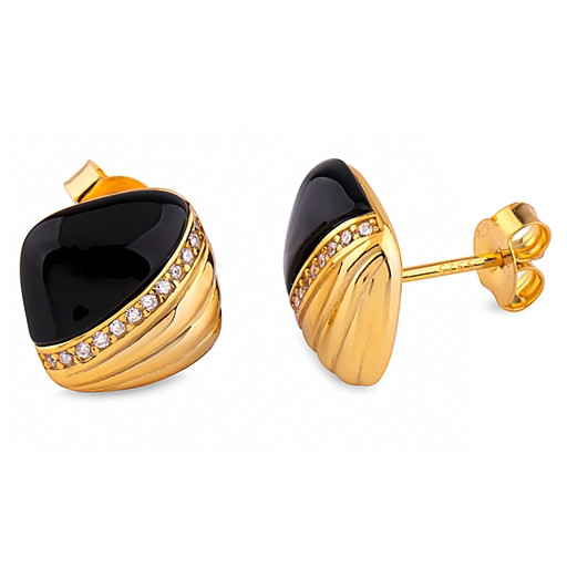 Verace Inspired Black Onyx, White Topaz Cushion Shape Earrings in Yellow Gold Plated Italain Sterling Silver
