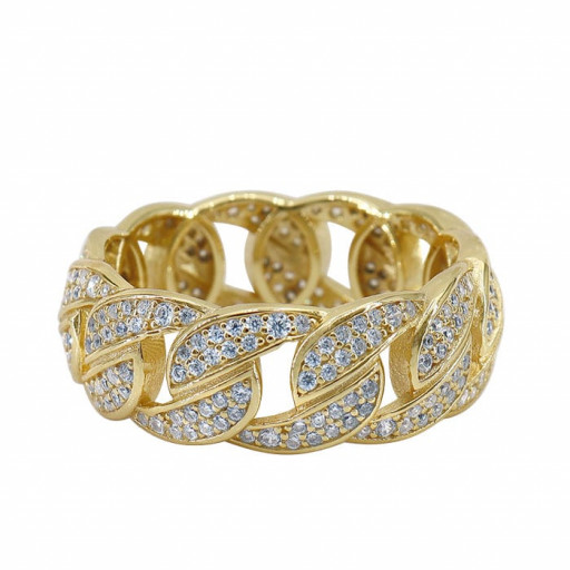 Rolex Inspired Link Gents Ring With Swarovski Cubic Zirconia in Yellow Gold Plated Italian Sterling Silver