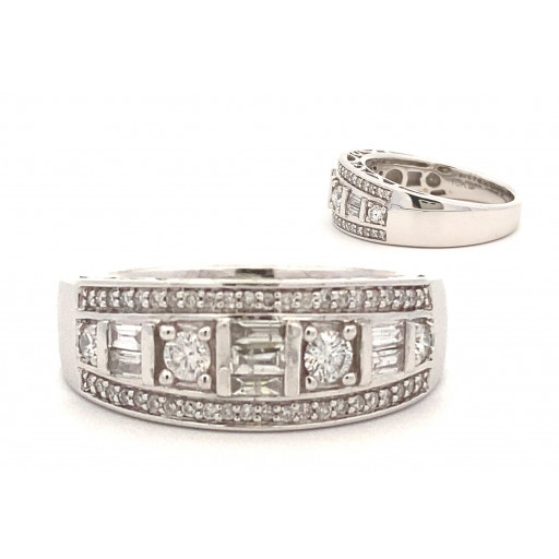 Cartier Inspired Round & Baguette Diamond Ring in 10K White Gold