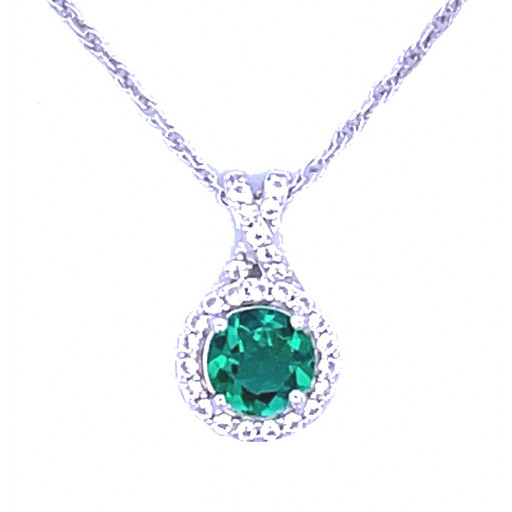 Tiffany Inspired Simulated Emerald & White Sapphire Halo Pendant in Italian Sterling Silver