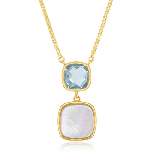 Harry Winston Inspired Blue Topaz & Mother of Pearl Necklace in Yellow Gold Plated Italian Sterling Silver