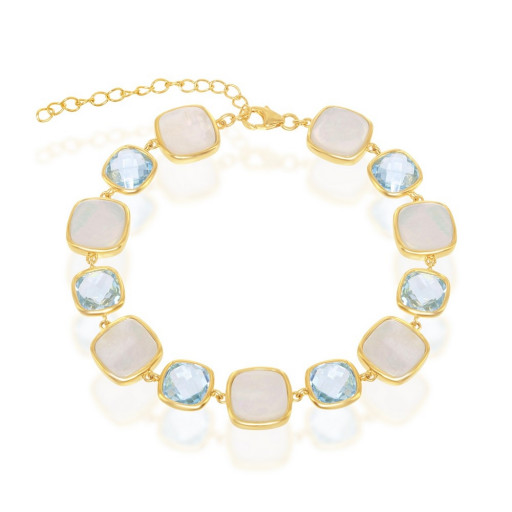 Harry Winston Inspired Blue Topaz & Mother of Pearl Bracelet in Yellow Gold Plated Italian Sterling Silver