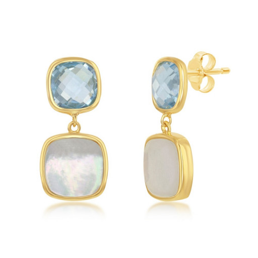 Harry Winston Inspired Blue Topaz & Mother of Pearl Earrings in Yellow Gold Plated Italian Sterling Silver