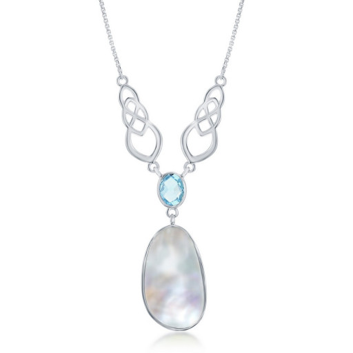 Harry Winston Inspired Blue Topaz & Mother of Pearl Love Necklace in Italian Sterling Silver