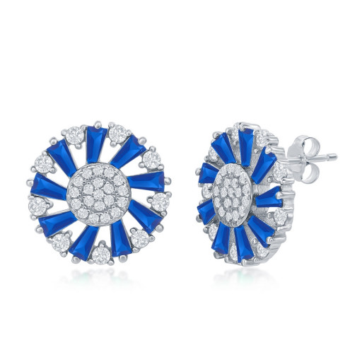 Tiffany Inspired Simulated Blue Sapphire & Baguette Swarovski Cubic Zirconia Circle of Love Stud Earrings in Italian Sterling Silver