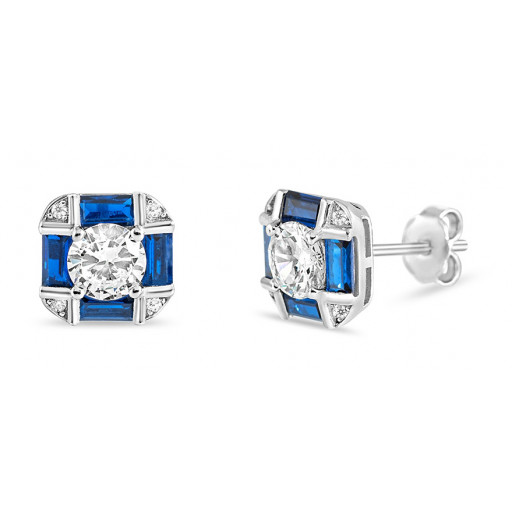 Versace Inspired Simulated Blue Sapphire & Swarovski Cubic Zirconia Cut Corner Stud Earrings in Italian Sterling Silver