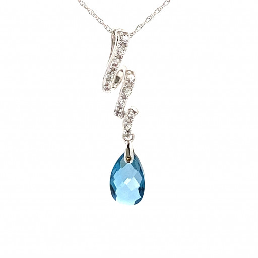 Tiffany Inspired Blue Topaz & Diamond Drop Pendant in 10K White Gold