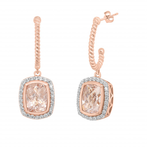 Harry Winston Inspired Morganite & Diamond Drop Earrings in Rose Gold Plated Italian Sterling Silver