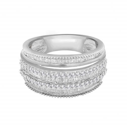 Tiffany Inspired Baguette & Round Brilliant Cut Multi Row Diamond Ring in Italian Sterling Silver & White Gold