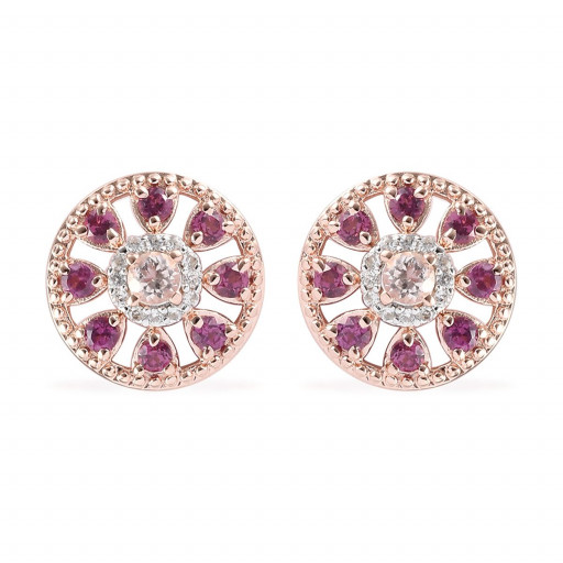 Tiffany Inspired Morganite & Rhodolite Garnet Stud Earrings in Rose Gold Plated Italian Sterling Silver