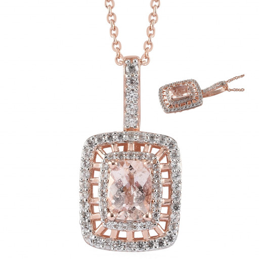Harry Winston Inspired Morganite & Diamond Drop Pendant in Rose Gold Plated Italian Sterling Silver