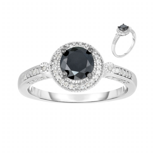 Harry Winston Inspired Black & White Diamond Halo Ring in Italian Sterling Silver