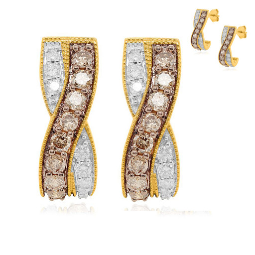 Champagne & White Diamond Love Earrings in Yellow Gold & Italian Sterling Silver
