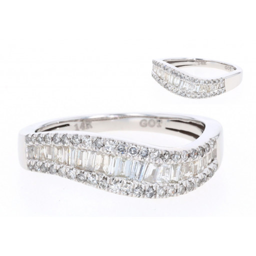 Tiffany Inspired Curved Baguette & Round Brilliant Cut Diamond Ring in 14K White Gold