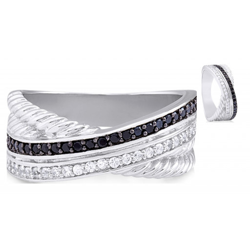Prada Inspired Black & White Topaz Criss Cross Ring in Italian Sterling Silver