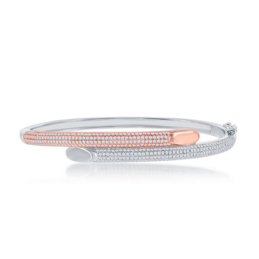 Cartier Inspired Two Tone Pave White Topaz & Swarovski Cubic Zirconia Bangle in Rose Gold & Italian Sterling Silver