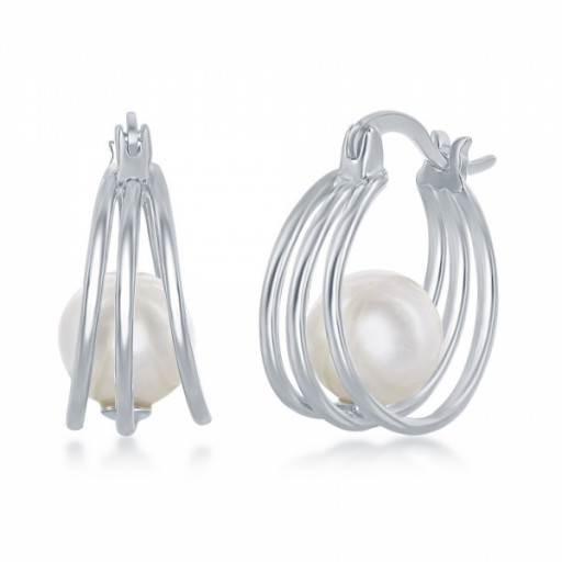 Mikimoto Inspired Freshwater Cultured Hoop Pearl Earrings in Italian Sterling Silver