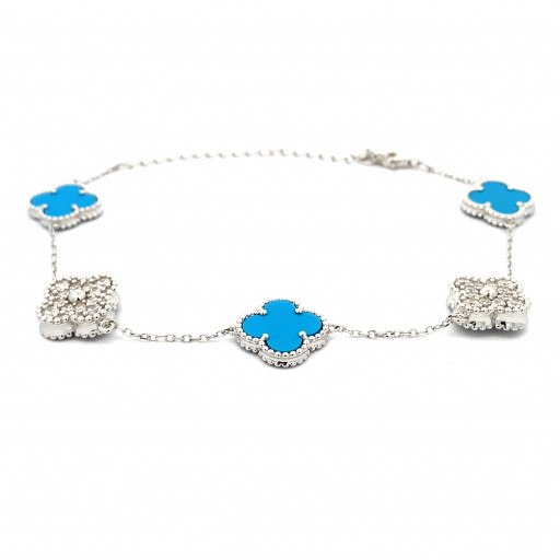 Van Cleef Inspired Turquoise & White Topaz Bracelet in Italian Sterling Silver
