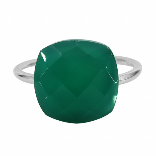 Checkerboard Cushion Cut Green Onyx Solitaire Ring in Italian Sterling Silver