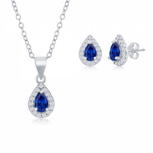 Cartier Inspired Pear Shape Blue Sapphire & White Topaz Earrings & Pendant Halo Set in Italian Sterling Silver