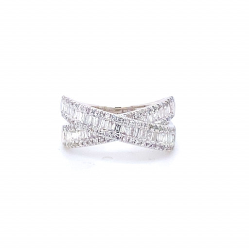 Cartier Inspired Baguette & Round Brilliant Cut Diamond Ring in 10K White Gold