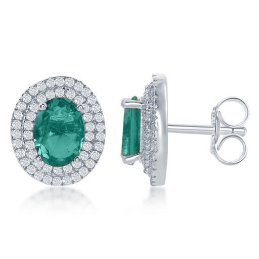 Princess Diana Inspired Double Halo Emerald & White Topaz Stud Earrings in Italian Sterling Silver