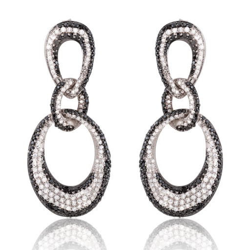Prada Inspired Black & White Topaz Interlocking Drop Earrings in Italian Sterling Silver