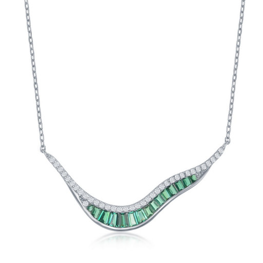 Dior Inspired Free Flow Simulated Baguette Emerald & White Topaz Necklace in Italian Sterling Silver