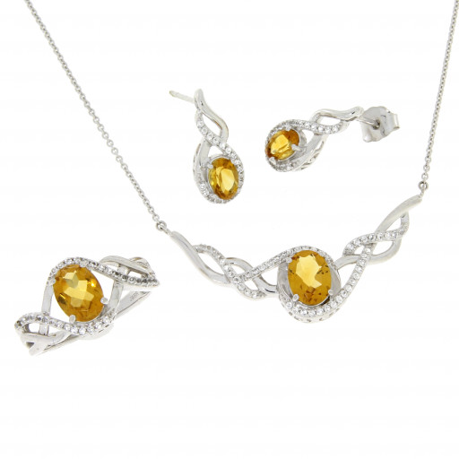 Rolex Inspired Citrine & White Sapphire Halo Set of Necklace, Earrings & Ring in Italian Sterling Silver