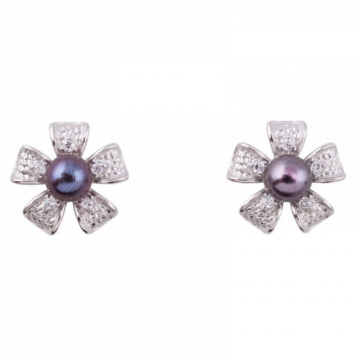 Black Freshwater Cultured Pearl Floral Earrings In Italian Sterling Silver