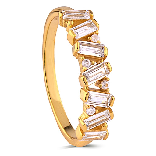 Cartier Inspired Swarovski Baguette Cubic Zirconia Ring in Yellow Gold Plated Italian Sterling Silver