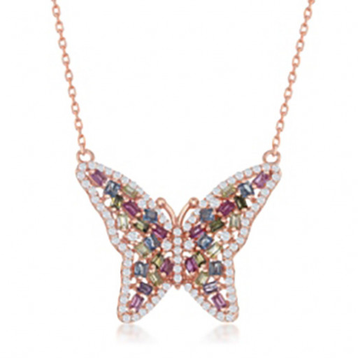 Cartier Inspired Multi Colour Butterfly Necklace in Rose Gold Plated Italian Sterling Silver