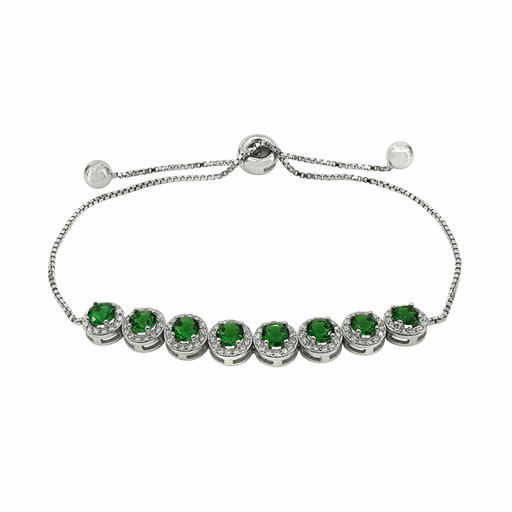 Round Brilliant Cut White Topaz & Simulated Emerald Halo Bolo Bracelet in Italian Sterling Silver
