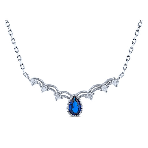 Art Deco Inspired Pear Shaped Blue Sapphire & Swarovski Cubic Zirconia Necklace in Italian Sterling Silver
