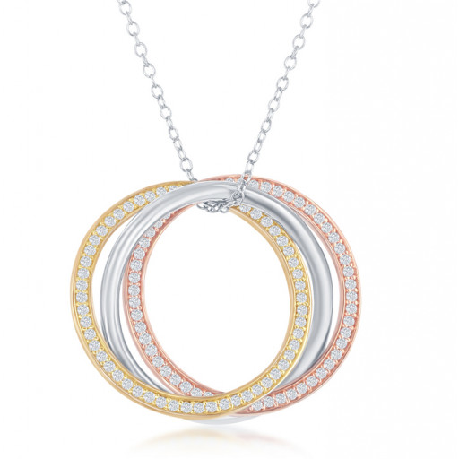 Cartier Inspired Tri Colour Three Circles of Love Pendant in Tri Gold Plated Italian Sterling Silver