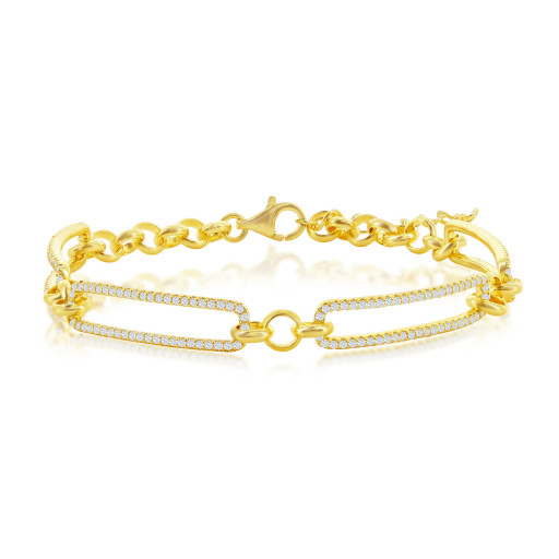 Tiffany Inspired "Paperclip" Bracelet With Swarovski Cubic Zirconia In Gold Plated Italian Sterling Silver