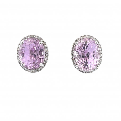Cartier Inspired Pink Kunzite & Diamond Halo Earrings in 14K White Gold