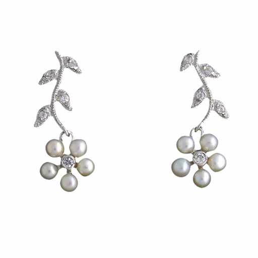 Mikimoto Inspired Freshwater Pearl & White Topaz Floral Drop Earrings