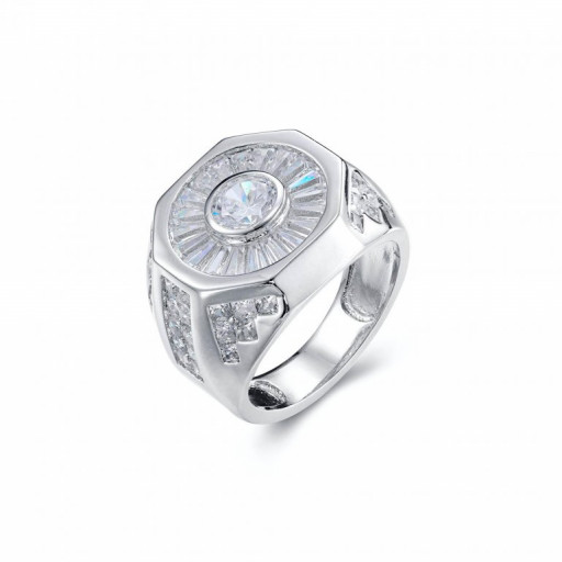 Rolex Inspired Gents Octogonal Ring With Baguette Swarovski Cubic Zirconia in Italian Sterling Silver