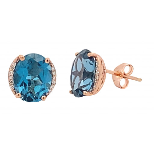 Harry Winston Inspired Blue Topaz & Diamond Stud Earrings in 10K Rose Gold