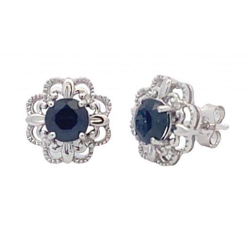 Tiffany Inspired Floral Blue Sapphire & Diamond Stud Earrings in 10K White Gold