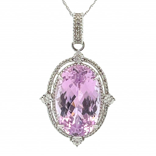 Cartier Inspired Pink Kunzite & Diamond Halo Pendant in 14K White Gold