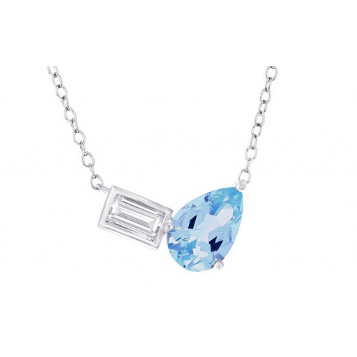 Tiffany Inspired Pear Shape Sky Blue Topaz & Emerald Cut White Topaz Necklace in Italian Sterling Silver