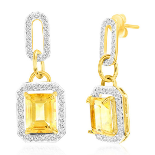 Rolex Inspired Citrine & White Topaz Halo Drop Earrings in Yellow Gold Plated Italian Sterling Silver