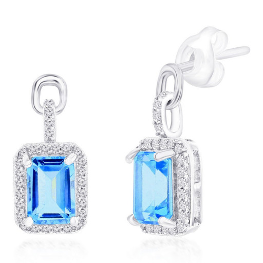 Rolex Inspired Blue & White Topaz Halo Drop Earrings in Italian Sterling Silver